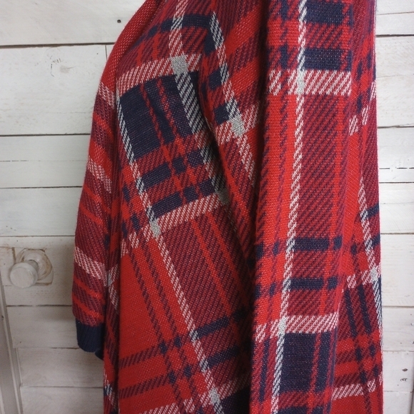 Say What 2X Cardigan Red Blue Plaid Contrast Trim Open Front Long Sleeve Stretch - Picture 3 of 11